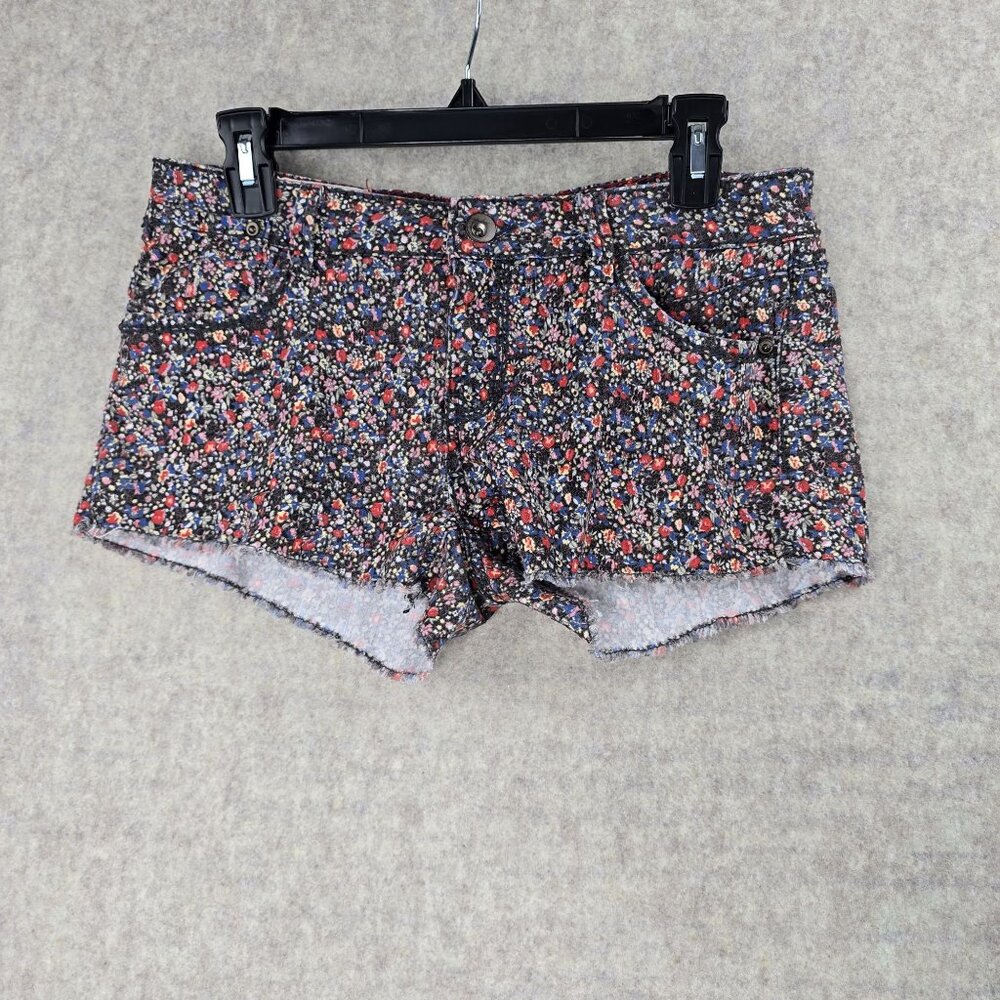 1st Kiss Womens Floral Print Denim Shorts Multi Color Mid Rise Cut-Off Design